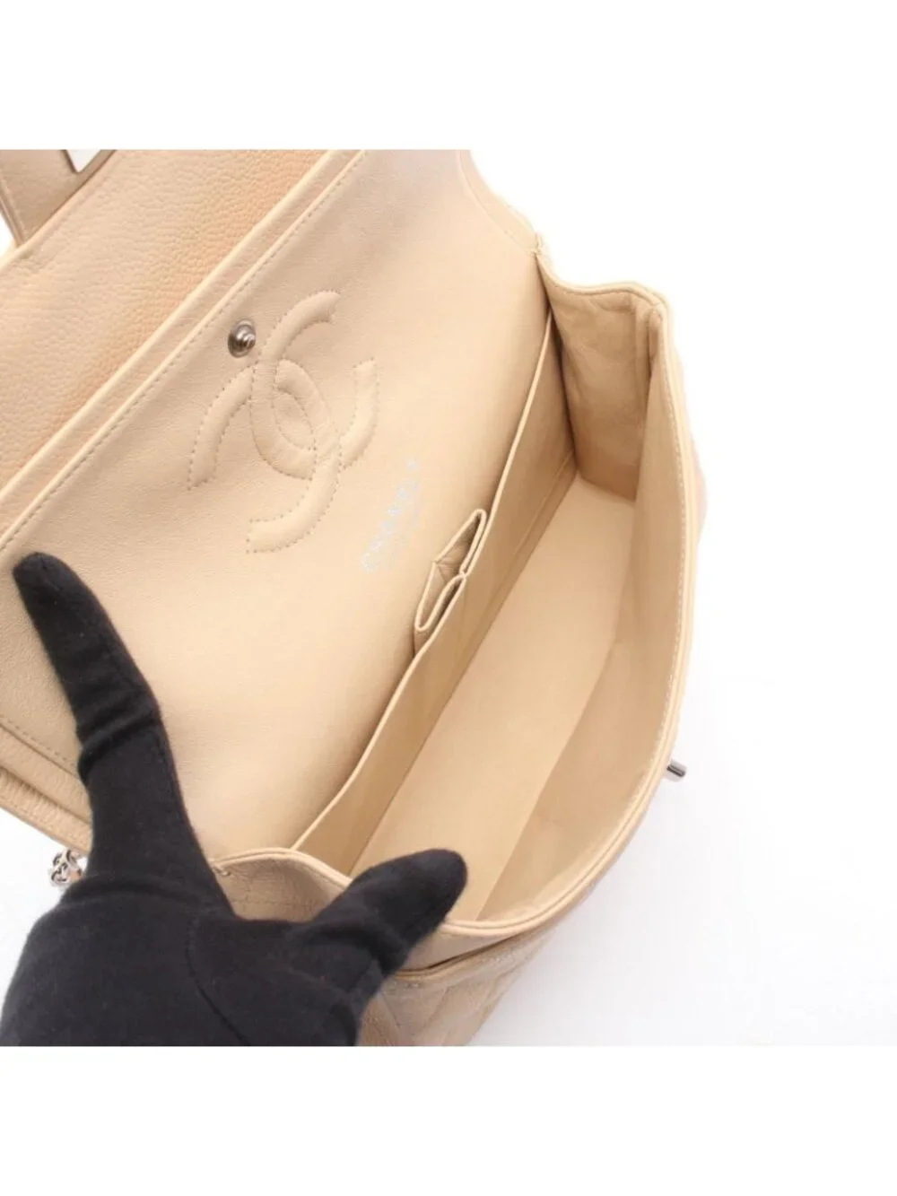 Chanel Shoulder Bag Quilted Double Flap Beige Caviar Leather Chain